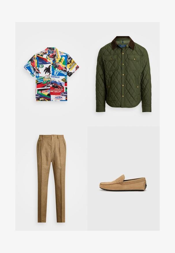 Polo Ralph Lauren THE BEATON QUILTED JACKET - Casaco leve - company olive; Camisa de manga curta, multicolorida, com um design gráfico de carro de corrida, apresentando texto, logótipos e uma mistura de padrões vibrantes em um tecido leve.; Calças castanhas à quadrados com um corte estruturado, apresentando frente plissada, dois bolsos laterais e fecho com botão. Textura suave com um design feito à medida.; Chinelo de camurça bege com biqueira costurada, design slip-on e sola de borracha preta. Apresenta uma marcação discreta na lateral.