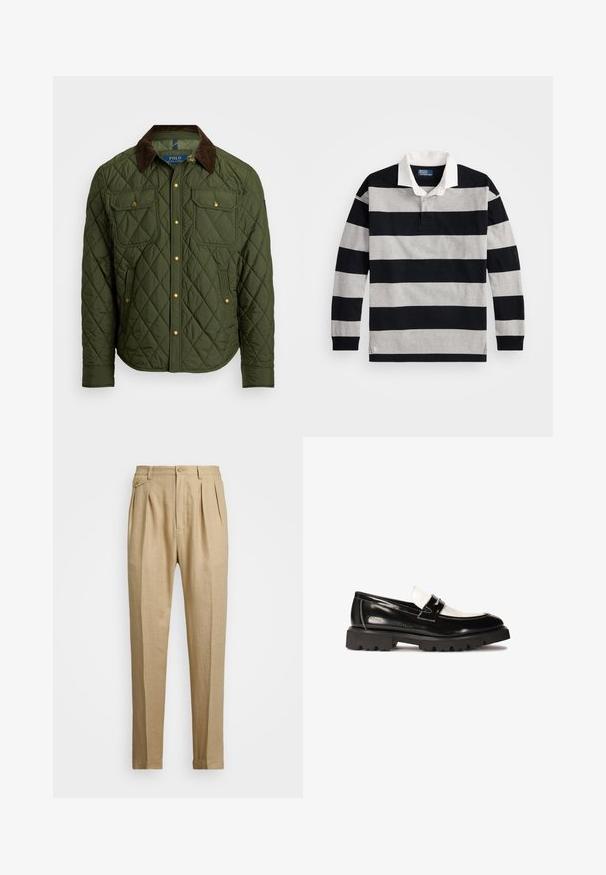 Polo Ralph Lauren THE BEATON QUILTED JACKET - Übergangsjacke - company olive; Gestreiftes Polohemd mit langen Ärmeln in Schwarz und Grau, einem weißen Kragen und einem kleinen Logoakzent am unteren Saum. Weiches Baumwollmaterial.; Beige Leinenhose mit geradem Schnitt, ausgestattet mit zwei vorderen Falten, einem Knopfverschluss und seitlichen Taschen. Strukturierter Stoff mit glatter Oberfläche.; Schwarze Lackleder Slipper mit einem weißen Lederakzent, dicker Gummisohle mit schwarzem Profil und gesteppten Details. Glatte Textur mit glänzendem Finish.