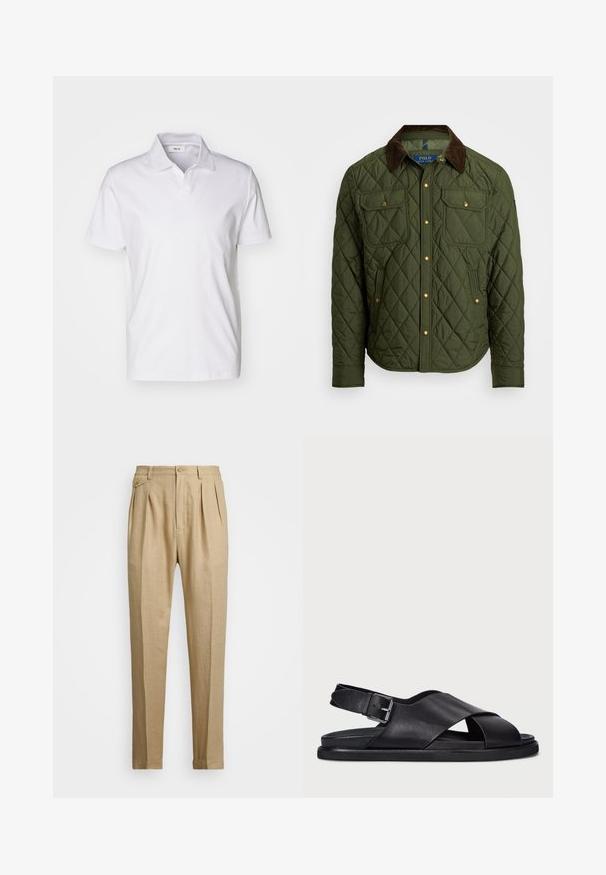 Polo Ralph Lauren THE BEATON QUILTED JACKET - Kerge jope - company olive; Valge lühikeste varrukatega polo särk, millel on krae ja väike silt kaelas, neutraalse tausta ees.; Bežid linasest püksid sirge lõikega, kahel esisel peenral, nööbiga kinnitamisel ja küljetaskutega. Tekstuuritud kangas sileda viimistlusega.; Polo Ralph Lauren ZANE LEATHER SANDAL - Sandaalid - black