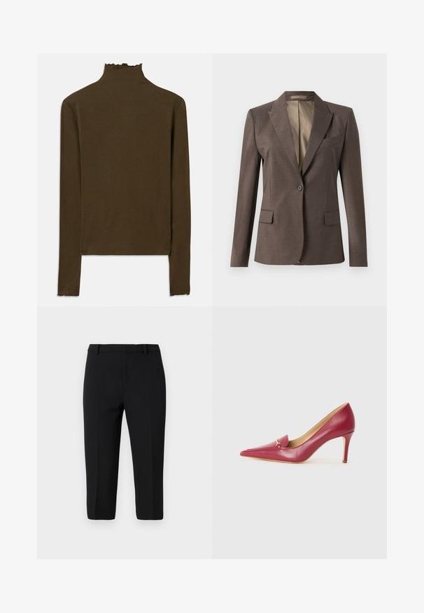 Dunkelbrauner, taillierter Ein-Knopf-Blazer mit Reverskragen, Klapptaschen und Brustleistentasche, auf einem einfachen weißen Hintergrund abgebildet.; Braunes langärmeliges Rippenstrickoberteil mit Stehkragen und subtilen Ziernähten an Kragen, Bündchen und Saum.; Schwarze maßgeschneiderte Hosen aus leichtem Material, mit glatter Textur, geradem Schnitt und Vorderfalten für einen eleganten Look.; Spitz zulaufender High Heel Schuh aus rotem Leder mit glatter Oberfläche, ausgestattet mit einem kleinen Überschlag und goldfarbenen Hardware-Details auf dem Vorderblatt.