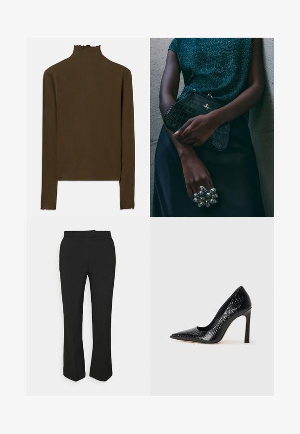 Blazer ajusté marron foncé à bouton unique avec revers, poches à rabat et poche poitrine, présenté sur fond blanc uni.; Haut en tricot côtelé marron à manches longues avec col montant et finition subtile à bordure ondulée sur le col, les poignets et l'ourlet.; Pantalons noirs ajustés avec une coupe droite, dotés de passants de ceinture et de poches latérales. Fabriqués en tissu lisse avec une finition soignée.; Escarpin noir à bout pointu avec texture en cuir de crocodile, présentant un design élégant, un haut talon aiguille et un intérieur noir lisse.; Sac à main en cuir noir à motif crocodile avec des finitions en métal argenté, posé sur un fond texturé gris. Présente une surface brillante.