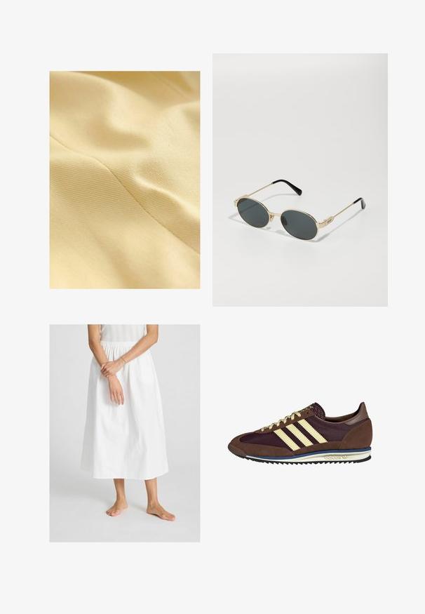 Katoenen stof in lichtgeel, met een gestructureerd oppervlak dat een subtiele glans en zichtbare stiksellijnen heeft. Gladde en zachte textuur.; Effen wit T-shirt van katoen met een ronde hals, korte mouwen en een relaxte pasvorm. Glad textuur zonder patronen of accenten.; Witte, enkelvoudige lange rok van katoen met een elastische tailleband. Gladde textuur, met een eenvoudig, vloeiend ontwerp.; Bruine en bordeauxkleurige sneaker van suede en mesh materiaal, met drie crèmekleurige strepen, een gemêleerd stof op de tong en een rubberen zool.; Gouden metalen zonnebril met ovale lenzen en donkere getinte lenzen. Zwarte acetaattips op de armen. Merkennaam "QUAY" aan de zijkant.; Bruine leren handtas met een zachte, gestructureerde buitenkant, dubbele bovenhandvatten en een verstelbare lange schouderband voor crossbody gebruik.