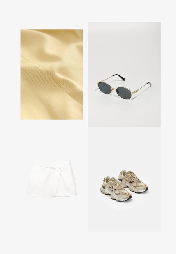 Bomullstyg i blek gul, med en texturerad yta som har en subtil lyster och synliga sömmar. Slät och mjuk textur.; En enkel vit t-shirt i bomull med rund halsringning, korta ärmar och en avslappnad passform. Slät textur utan mönster eller detaljer.; Vit denim minikjol med omslagsdesign, som har en frontknäppning, två sidfickor och ett slätt texturerat tyg.; Beiga sneakers i mesh och mockamaterial. Har en svart logotyp och texturerade detaljer. Tjock vit mellansula och svart gummisula.; Guldmetallsolglasögon med ovala linser och mörkfärgade linser. Svarta acetattrutar på skalmarna. Varumärket "QUAY" på sidan.