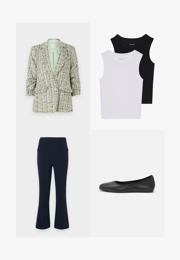 Zelena blazer z teksturo, izdelana iz tkanine z wove, obogatena z večbarvnimi odtenki. Ima zapiranje na dva gumba in rahlo napihnjene rokave.; Dve brezrokavne majice v črni in beli barvi, izdelane iz rebrastega bombaža, z okroglimi izrezi in prilegajočim oblikovanjem. Oznake so vidne na obeh.; Temno modri široki hlače z dvema sprednjima žepoma, narejene iz gladkega, raztegljivega materiala, s prilegajočim pasom in čistimi linijami.; Črne usnjene balerinke z zaobljenim nosom, gladko teksturo, minimalnimi šivi in fleksibilno zasnovo podplata.