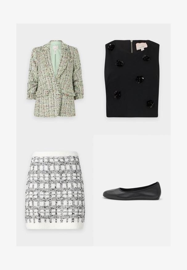 Blazer vert texturé en tissu tissé avec des éclats multicolores. Présente une fermeture à deux boutons et des manches légèrement bouffantes.; Haut noir sans manches avec encolure carrée, ornée d'appliqués floraux en sequins et d'une fermeture éclair au dos. Texture de tissu lisse. Taille petite.; Jupe en tricot noir et blanc avec un motif à carreaux, dotée d'une taille côtelée et d'une surface texturée. Longueur au-dessus du genou.; Ballerines en cuir noir avec un bout rond, texture lisse, détails de couture minimalistes et design de semelle flexible.