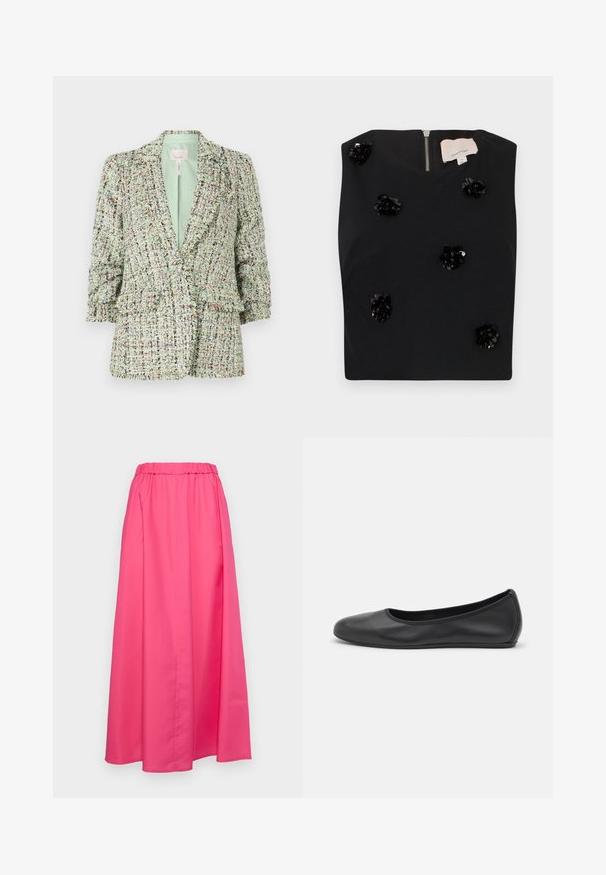 Blazer vert texturé en tissu tissé avec des éclats multicolores. Présente une fermeture à deux boutons et des manches légèrement bouffantes.; Haut noir sans manches avec encolure carrée, ornée d'appliqués floraux en sequins et d'une fermeture éclair au dos. Texture de tissu lisse. Taille petite.; MAX&Co. MATRIGNA - Jupe longue - azaleerot; Ballerines en cuir noir avec un bout rond, texture lisse, détails de couture minimalistes et design de semelle flexible.