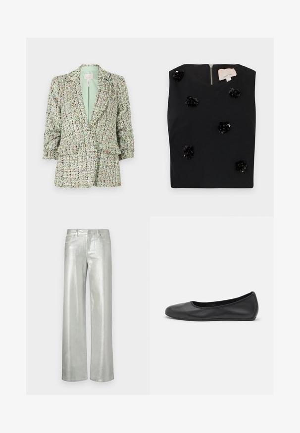 Kootud roheline bleiser, millel on erineva värvusega kiud. Omab kahe nööbiga kinnitust ja kergelt puhvsete varrukatega.; Mustamata varrukateta topp ruudukujulise kaelusega, millel on litritega lillelised aplikaadid ja seljaosal tõmblukk. Sile kangastekstuuri. Suurus väike.; Kuldne laiad püksid, mis on valmistatud metallist kangast. Omavad kahte esikülje taskut ja lukuga sääre. Sile tekstuur ja läikiv viimistlus.; Musthave mustika tantsutossud mustast nahast, ümmarguse varbaga, siledast tekstuurist, minimaalse õmblusdetailiga ja paindliku tallakujundusega.