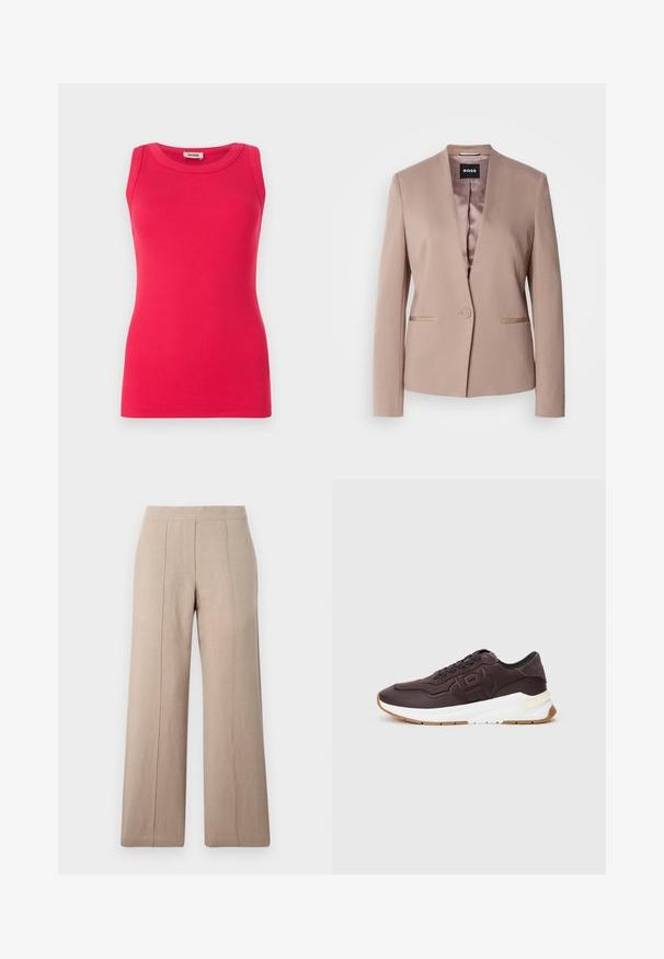 Blazer rosa claro con solapa muesca, cierre de un solo botón, dos bolsillos frontales y un forro de satén suave. Tejido suave y texturizado.; Top ajustado sin mangas hecho de tela de canalé en un rosa brillante. Presenta un escote redondo y una textura suave con bordes limpios.; Pantalones de pierna ancha en color beige, confeccionados en tejido ligero, con pliegues frontales, una cinturilla suave y un corte recto con dobladillos limpios.; Zapatilla marrón oscura con forro negro, logo en relieve en el lateral, suela blanca gruesa y suela de color goma sobre un fondo plano.