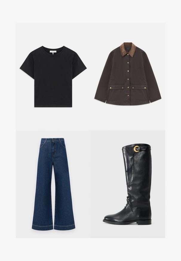 Brązowa kurtka z kołnierzem z korduroyu, złotymi elementami, dwiema przednimi kieszeniami i zapięciem na guziki. Wykonana z teksturowanej, trwałej tkaniny.; Czarny krótki t-shirt wykonany z bawełny, z okrągłym dekoltem, krótkimi rękawami oraz prostym wzorem bez nadruków i ozdób.; Szerokie dżinsy w kolorze niebieskim z wysokim stanem, z zapięciem na guzik, szlufkami na pasek oraz subtelnymi detalami stębnowania wzdłuż kieszeni i brzegów.; Czarne skórzane buty sięgające do kolan z okrągłym noskiem, sznurowanym przodem, bocznym detalem oraz złotym akcentem w postaci klamry na górze. Gładka faktura.