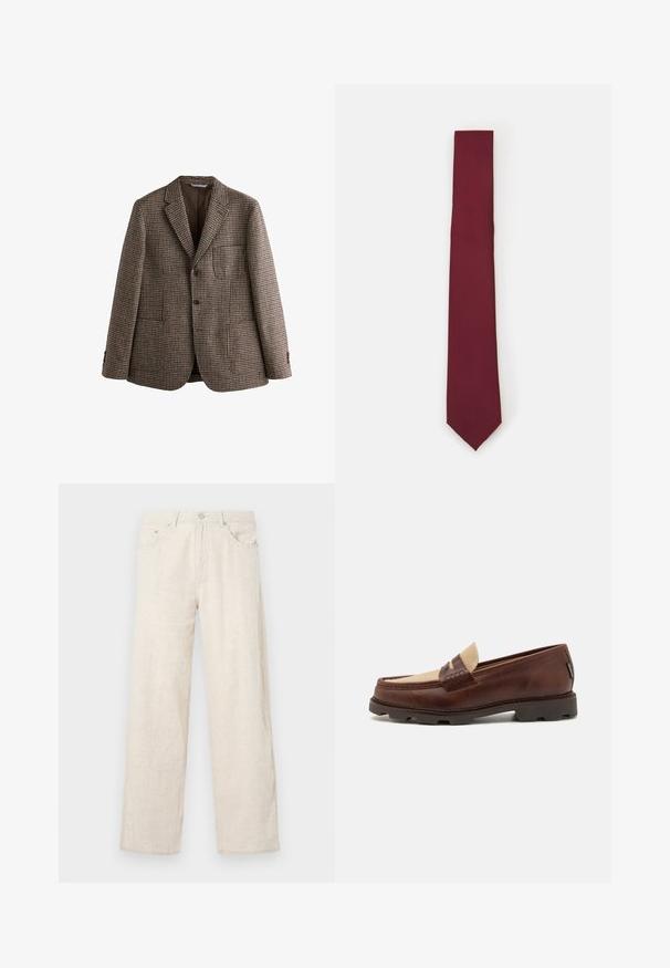 Brauner Hahnentritt-Blazer mit Reverskragen, zwei Knöpfen und Fronttaschen. Strukturierter Stoff mit glatter Innenausstattung.; Weißes langärmeliges Hemd mit Knopfleiste aus glattem Stoff. Verfügt über einen klassischen Kragen, eine durchgehende Knopfleiste und Ein-Knopf-Manschetten. Figurbetonter Schnitt.; Beige weite Hosen aus strukturiertem Stoff, mit einem Knopfverschluss, Gürtelschlaufen und klassischem Taschenstil.; Braune Lederloafer mit einem taupefarbenen Canvas-Akzent, genähten Details und einer strukturierten Gummisohle, die für Komfort und Langlebigkeit ausgelegt ist.; Bordeauxfarbene Seidenkrawatte, schmale Form mit einheitlicher Textur. Merkmale sind eine spitze Spitze, gleichmäßige Farbe und glatte Oberfläche.