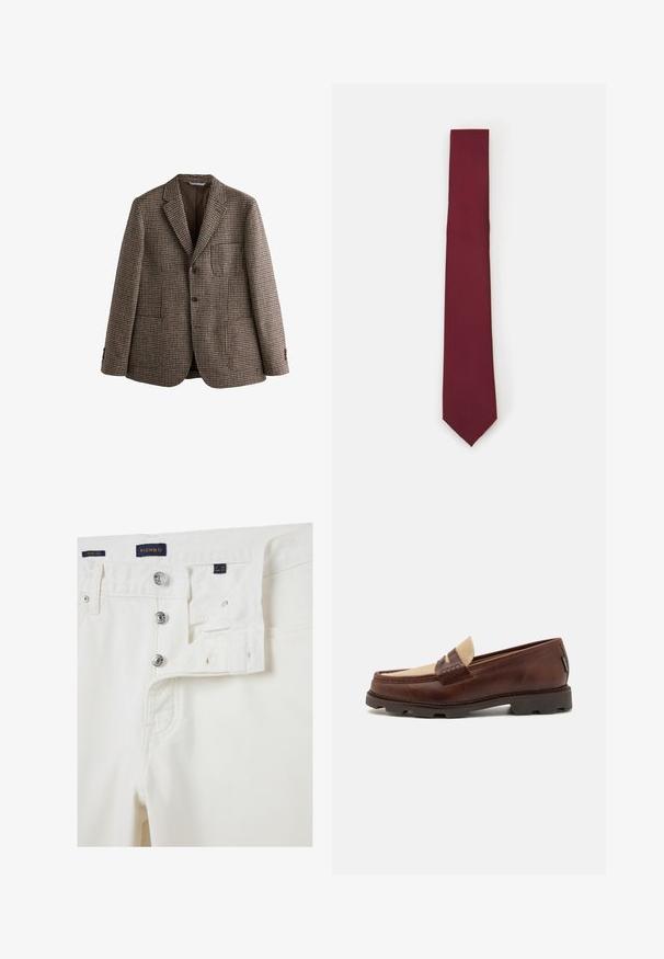 Blazer marrón de patrón de espiga con solapas de muesca, dos botones y bolsillos frontales. Tejido texturizado con un forro interior suave.; Camisa blanca de manga larga con botones, hecha de una tela suave. Presenta un cuello clásico, botones frontales y puños con un solo botón. Diseño ajustado.; Pantalones vaqueros blancos de pierna ancha, confeccionados en denim, con cierre de botón, diseño de cinco bolsillos y detalles metálicos. Tejido texturizado y suave.; Mocasines de cuero marrón con un acento de lienzo topo, detalle de costura y una suela de goma texturizada diseñada para comodidad y durabilidad.; Corbata de seda burdeos, de forma estrecha y con una textura lisa. Presenta una punta afilada, un color uniforme y un acabado suave.