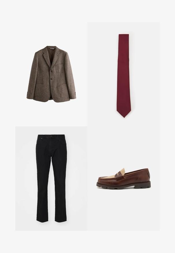 Pruun houndstooth säbraga bleiser, millel on altiklapid, kaks nuppu ja eespool taskud. Tekstureeritud kangas sujuva sisekattega.; Valge pikkade varrukatega nööbiga särk, mis on valmistatud siledast kangast. Omab klassikalist kraed, esipaneeli nuppe ja ühe nööbiga mansette. Kitsas lõige.; Musthärg denim püksid sirge jala disainiga, klassikaline viie-tasku stiil ja nupuga sulgemine vööl. Sile tekstuur, minimaalne detailide arv.; Pruunist nahast loaferid taupe-kangasaktsentiga, õmmeldud detailide ja tekstuurse kummitaldiga, mis on loodud mugavuse ja vastupidavuse tagamiseks.; Burgundia siidist lips, kitsas kuju ühtlase tekstuuriga. Omab teravat otst, ühtlast värvi ja siledat viimistlust.