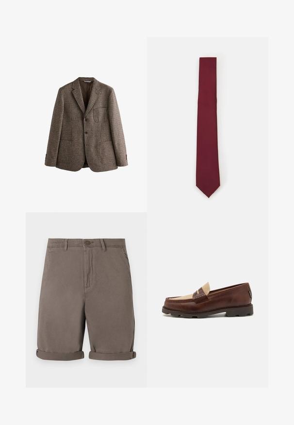 Pruun houndstooth säbraga bleiser, millel on altiklapid, kaks nuppu ja eespool taskud. Tekstureeritud kangas sujuva sisekattega.; Valge pikkade varrukatega nööbiga särk, mis on valmistatud siledast kangast. Omab klassikalist kraed, esipaneeli nuppe ja ühe nööbiga mansette. Kitsas lõige.; Pruunist puuvillast valmistatud lühikesed püksid sirge lõikega, varustatud nupuga kinnituse ja üleskeeratud äärtega. Sile tekstuur, ilma nähtavate musterite või aksessuaarideta.; Pruunist nahast loaferid taupe-kangasaktsentiga, õmmeldud detailide ja tekstuurse kummitaldiga, mis on loodud mugavuse ja vastupidavuse tagamiseks.; Burgundia siidist lips, kitsas kuju ühtlase tekstuuriga. Omab teravat otst, ühtlast värvi ja siledat viimistlust.