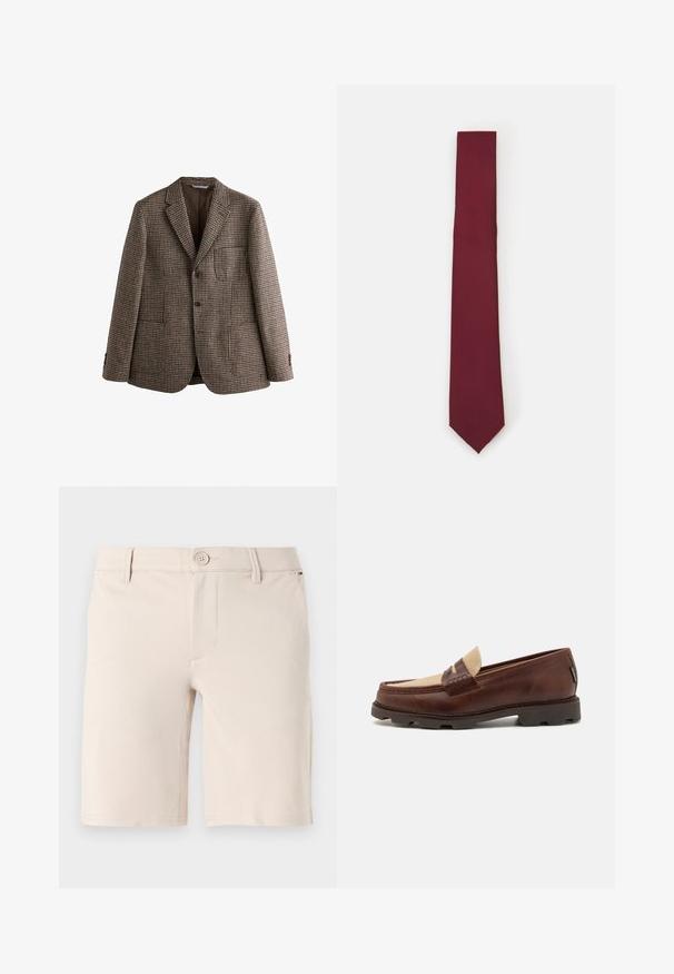 Rjav blejzer v houndstooth vzoru z izrezanimi klapami, dvema gumboma in sprednjimi žepi. Teksturovana tkanina z gladko notranjo podlogo.; Bela srajca z dolgimi rokavi in gumbi, izdelana iz gladkega materiala. Ima klasičen ovratnik, sprednje gumbke in manšete z enim gumbom. Oblika je ozka.; Bež hlače narejene iz gladkega blaga; imajo zapenjanje na gumb, zanko za pas in čist sprednji dizajn s pravimi odprtinami za noge.; Rjave usnjene loafers čevlje s taupe platnenim dodatkom, šivanim detajlom in teksturiranim gumijastim podplatom, zasnovani za udobje in vzdržljivost.; Burgundska svila kravata, ozka oblika z enotno teksturo. Ima koničast vrh, dosledno barvo in gladko površino.