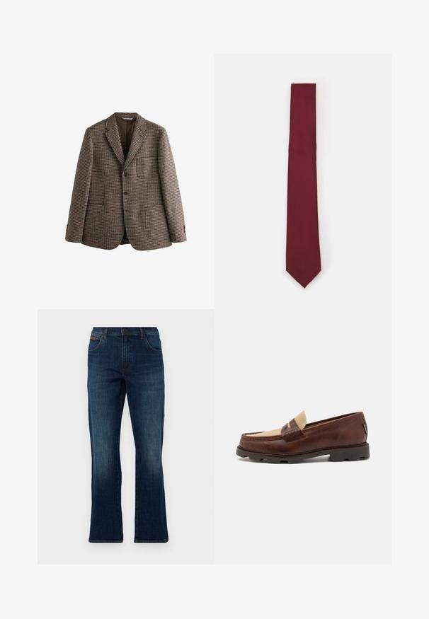 Hnědý houndstooth blazer s klopovými límci, dvěma knoflíky a předními kapsami. Texturovaná tkanina s hladkou vnitřní podšívkou.; Bílá košile s dlouhým rukávem a knoflíkovým zapínáním vyrobená z hladké látky. Má klasický límeček, přední knoflíky a manžety na jeden knoflík. Úzký střih.; Tmavě modré deninové zvonové džíny s pěti kapsami, předním zapínáním na knoflík a jemným vyblednutím na stehnech pro variabilitu textury.; Hnědé kožené mokasíny s taupe plátěným akcentem, prošívanými detaily a texturovanou gumovou podrážkou navrženou pro pohodlí a odolnost.; Bordó hedvábná kravata, úzkého tvaru se solidní texturou. Má špičatou špičku, stálou barvu a hladký povrch.
