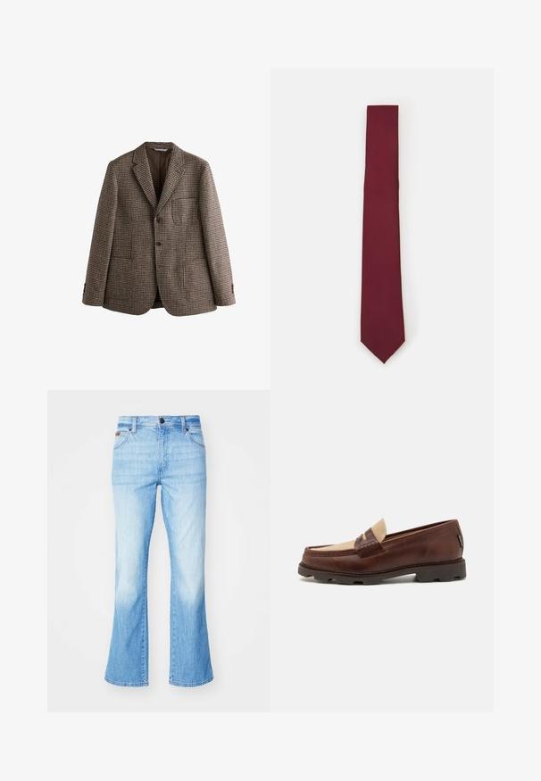 Rudas houndstooth bleiseris su įpjovomis atlapais, dviem mygtukais ir priekinėmis kišenėmis. Tekstūruota medžiaga su glotnia vidaus pamušalu.; Balta ilgomis rankovėmis mygtukinė marškiniai, pagaminti iš lygaus audinio. Turi klasikinį apykaklę, priekinę mygtukų uždarymą ir vieno mygtuko rankogalius. Slim fit dizainas.; Šviesiai mėlyni plati džinsai, pagaminti iš džinsinio audinio, su išblukusiu paviršiumi, penkių kišenių dizainu ir mygtukų uždarymu.; Rudi odiniai loafers su taupe audinio akcentu, siuvinėta detalė ir tekstūruota gumine padu, sukurta komfortui ir ilgaamžiškumui.; Burgundi spalvos šilkinis kaklaraištis, siauras, su vientisu tekstūros paviršiumi. Yra smailas galas, vienoda spalva ir sklandus paviršius.