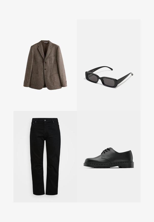 Hnedý houndstooth blejzer s výstrihom do notcha, dvoma gombíkmi a prednými vreckami. Textúrovaná tkanina s hladkým vnútorným podšívaním.; Biela košeľa s dlhým rukávom a zapínaním na gombíky, vyrobená z hladkého materiálu. Má klasický golier, predné gombíky a manžety na jeden gombík. Slim fit strih.; Čierne džínsy vyrobené z bavlny, s klasickým strihom, dizajnom s piatimi vreckami a kovovým zapínaním. Hladká textúra s rovnými nohavicami.; Čierne kožené oxfordky s viazaním, zaoblenou špičkou, plochou gumovou podrážkou a jemným prešívaním pozdĺž hornej časti.; Čierne obdĺžnikové slnečné okuliare s tmavými šošovkami, lesklým povrchom, širokými ramenami a robustným rámovým dizajnom. Vygravírované meno značky na jednom ramene.; Bordový hodvábny kravata, úzky tvar s pevným textúrou. Má špicatý koniec, jednotnú farbu a hladký povrch.