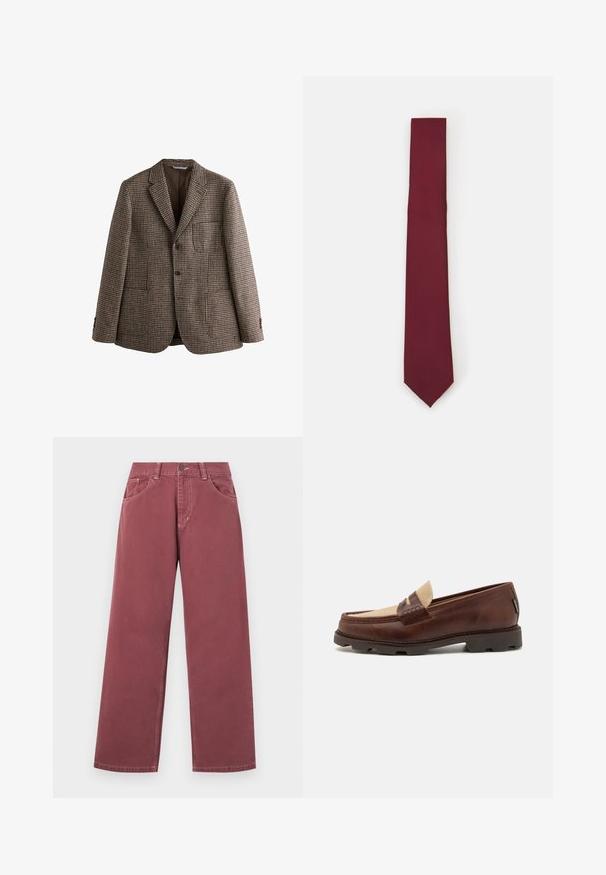 Brūna houndstooth žakete ar ieliektām lāpām, diviem pogām un priekšējiem kabatām. Strukturēta auduma ar gludu iekšējo odere.; Balta gara piedurkņu pogājamā krekls, kas izgatavots no gludas auduma. Iezīmē klasiskās apkakles, priekšējās pogas un pogturi ar vienu pogu. Šaura piegriezuma dizains.; Plaša kāju, burgundijas krāsas džinsi, izgatavoti no kokvilnas ar gludu tekstūru, ar priekšējām kabatām, jostu cilpiņām un vienu pogu aizdari.; Brūni ādas loafers ar pelēkā kanvas akcentu, stitch detail un teksturētu gumijas zoli, kas paredzēta komfortam un izturībai.; Burgundijas zīda kaklasaites, šaura forma ar vienmērīgu faktūru. Satur smailu galu, vienmērīgu krāsu un gludu apdari.