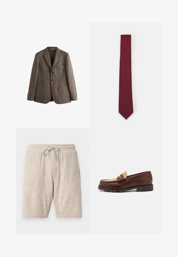 Bruine houndstooth blazer met notch-lapels, twee knopen en voorzakken. Textuurstof met een gladde binnenvoering.; Witte langesleeve overhemd met knopen, gemaakt van een gladde stof. Kenmerkt zich door een klassieke kraag, voor knopen en manchetten met één knoop. Slim fit ontwerp.; Beige badstof shorts met een elastische tailleband en verstelbaar trekkoord. Beschikt over een enkele voorzak en een knielange pasvorm.; Bruine leren instappers met een taupe canvasaccent, gestikte details en een gestructureerde rubberen zool die is ontworpen voor comfort en duurzaamheid.; Bordeaux zijden stropdas, smalle vorm met een stevige textuur. Heeft een puntige punt, consistente kleur en een gladde afwerking.
