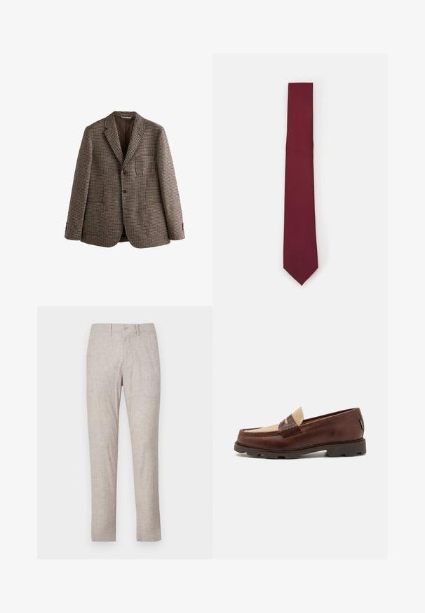 Brauner Hahnentritt-Blazer mit Reverskragen, zwei Knöpfen und Fronttaschen. Strukturierter Stoff mit glatter Innenausstattung.; Weißes langärmeliges Hemd mit Knopfleiste aus glattem Stoff. Verfügt über einen klassischen Kragen, eine durchgehende Knopfleiste und Ein-Knopf-Manschetten. Figurbetonter Schnitt.; Beige Leinenhosen mit geradem Schnitt, ausgestattet mit einem Knopfverschluss, Fronttaschen und ohne sichtbare Muster oder Verzierungen.; Braune Lederloafer mit einem taupefarbenen Canvas-Akzent, genähten Details und einer strukturierten Gummisohle, die für Komfort und Langlebigkeit ausgelegt ist.; Bordeauxfarbene Seidenkrawatte, schmale Form mit einheitlicher Textur. Merkmale sind eine spitze Spitze, gleichmäßige Farbe und glatte Oberfläche.