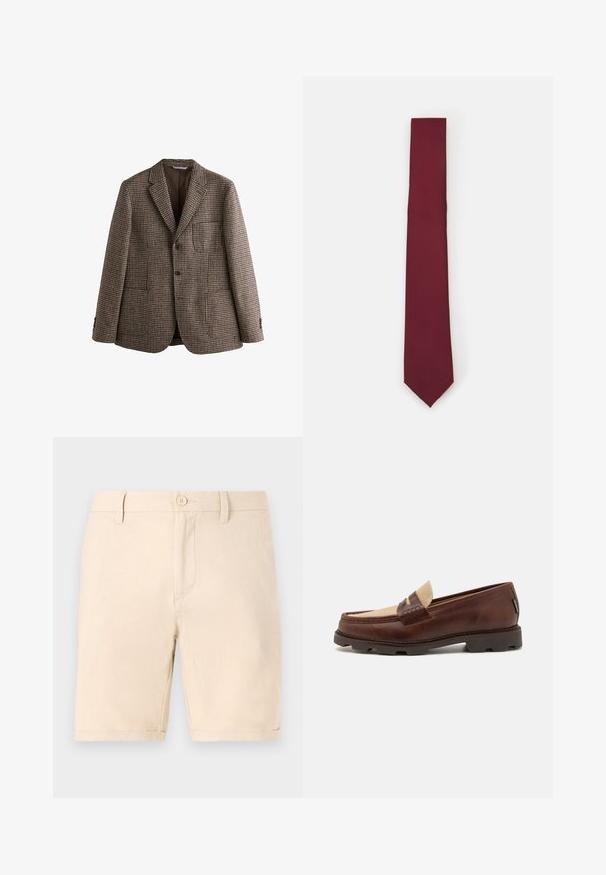 Brown houndstooth blazer with notch lapels, two buttons, and front pockets. Textured fabric with a smooth inner lining.; White long-sleeve button-up shirt made of smooth fabric. Features a classic collar, front buttons, and single-button cuffs. Slim fit design.; Beige cotton shorts with a flat front design, a single button closure, and turned-up cuffs. Features side pockets and a smooth texture.; Brown leather loafers with a taupe canvas accent, stitched detail, and a textured rubber sole designed for comfort and durability.; Burgundy silk tie, narrow shape with a solid texture. Features a pointed tip, consistent color, and smooth finish.