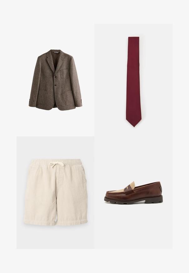 Brauner Hahnentritt-Blazer mit Reverskragen, zwei Knöpfen und Fronttaschen. Strukturierter Stoff mit glatter Innenausstattung.; Weißes langärmeliges Hemd mit Knopfleiste aus glattem Stoff. Verfügt über einen klassischen Kragen, eine durchgehende Knopfleiste und Ein-Knopf-Manschetten. Figurbetonter Schnitt.; Beige Cordshorts mit einem elastischen Bund und Kordelzug, ausgestattet mit Seitentaschen und einem strukturierten, gerippten Muster.; Braune Lederloafer mit einem taupefarbenen Canvas-Akzent, genähten Details und einer strukturierten Gummisohle, die für Komfort und Langlebigkeit ausgelegt ist.; Bordeauxfarbene Seidenkrawatte, schmale Form mit einheitlicher Textur. Merkmale sind eine spitze Spitze, gleichmäßige Farbe und glatte Oberfläche.