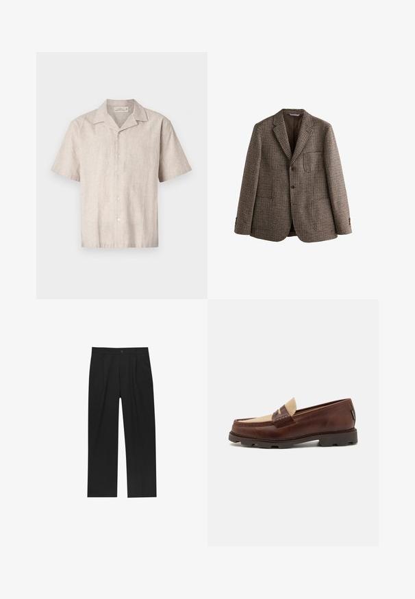 Rjav blejzer v houndstooth vzoru z izrezanimi klapami, dvema gumboma in sprednjimi žepi. Teksturovana tkanina z gladko notranjo podlogo.; Kratka srajca s kratkimi rokavi iz svetlo bež lana. Ima zarezan ovratnik in šest gumbov spredaj, z rahlo strukturirano in tkano podobo.; Črne hlače z ravnim krojem, narejene iz gladkega materiala. Imajo sprednje gube in enojno zaponko na pasu.; Rjave usnjene loafers čevlje s taupe platnenim dodatkom, šivanim detajlom in teksturiranim gumijastim podplatom, zasnovani za udobje in vzdržljivost.