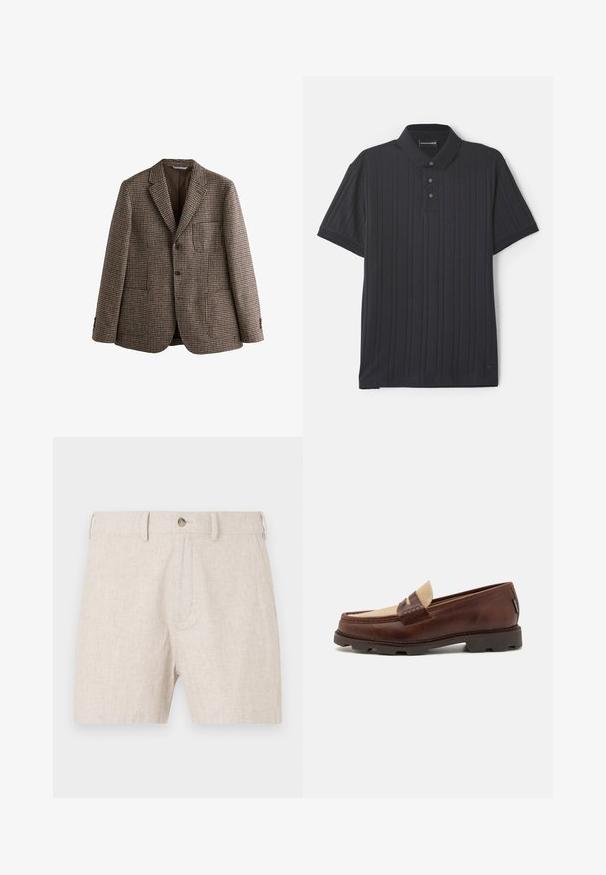 Blazer a scacchi marrone con rever a lancia, due bottoni e tasche frontali. Tessuto testurizzato con una fodera interna liscia.; Polo shirt navy a maniche corte con texture a costine, colletto a tre bottoni e un piccolo logo in basso a destra.; Bermuda in lino di un beige chiaro, con chiusura a bottone e un taglio classico con una texture sottile. Nessuna tasca visibile nel design.; Mocassini in pelle marrone con accentuazione in tela taupe, dettaglio cucito e suola in gomma testurizzata progettata per comfort e durata.