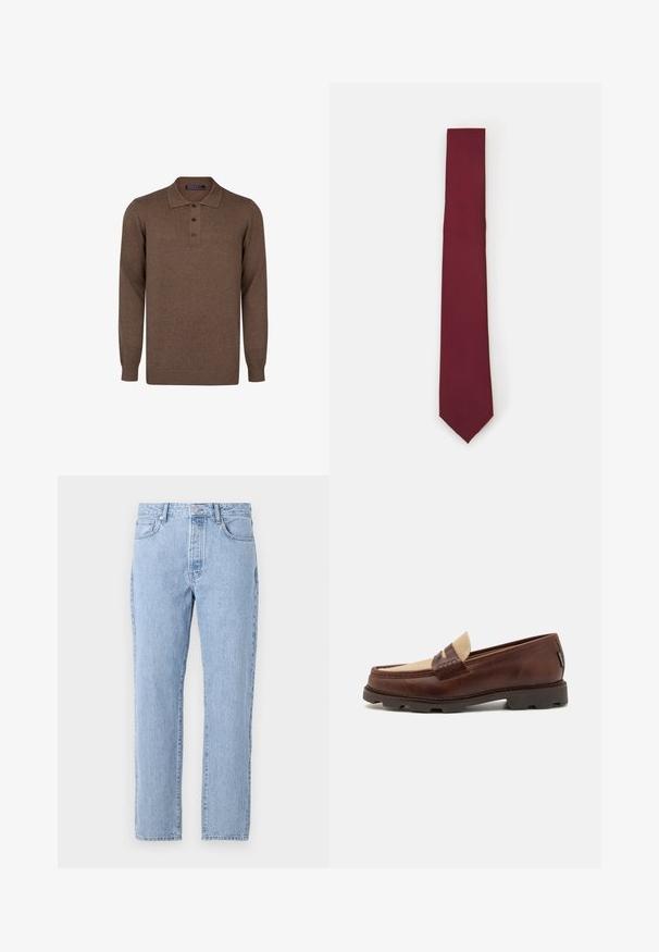 Blazer a scacchi marrone con rever a lancia, due bottoni e tasche frontali. Tessuto testurizzato con una fodera interna liscia.; Polo a maniche lunghe marrone in tessuto jersey, con colletto e patta con tre bottoni, bordi e orlo a costine.; Jeans in denim azzurro chiaro con un design a gamba dritta, cinque tasche e chiusura con bottone. Texture morbida con una finitura sbiadita classica.; Mocassini in pelle marrone con accentuazione in tela taupe, dettaglio cucito e suola in gomma testurizzata progettata per comfort e durata.; Cravatta in seta borgogna, forma stretta con una consistenza uniforme. Presenta una punta appuntita, un colore consistente e una finitura liscia.