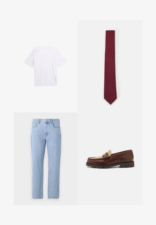 Hnedý houndstooth blejzer s výstrihom do notcha, dvoma gombíkmi a prednými vreckami. Textúrovaná tkanina s hladkým vnútorným podšívaním.; Biele tričko s výstrihom do V vyrobené z ľahkej bavlny. Krátke rukávy a voľný strih. Hladká textúra bez grafických vzorov alebo akcentov.; Svetlo modré džíny s priamym strihom, piatimi vreckami a zapínaním na gombíky. Mäkka textúra s klasickým vyblednutým povrchom.; Hnedé kožené loafers so taupe plátnovým akcentom, prešívaním a textúrovanou gumovou podrážkou navrhnutou pre pohodlie a trvácnosť.; Bordový hodvábny kravata, úzky tvar s pevným textúrou. Má špicatý koniec, jednotnú farbu a hladký povrch.