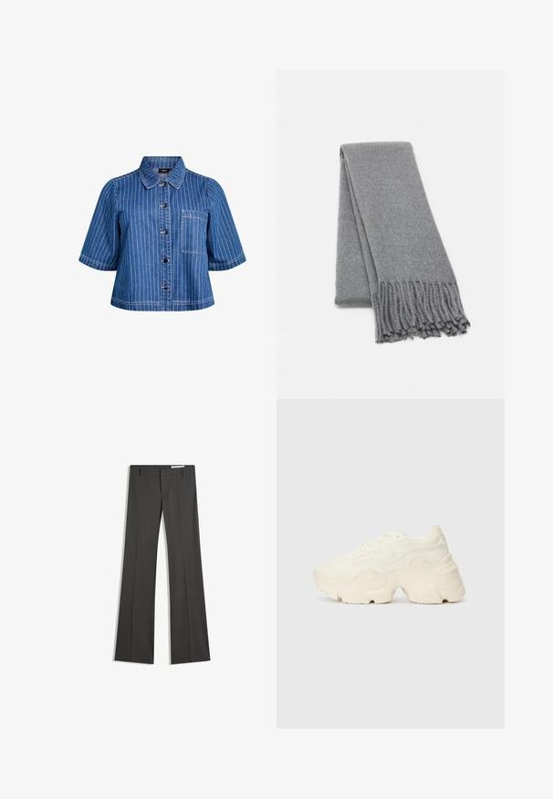 Grå, kort blazer med en dubbeldäckad design, försedda med två svarta knappar, slag med notch och ett subtilt mönster.; Kortärmad denimjacka i mörkblått med vita vertikala ränder, knäppning fram, krage och framficka. Slät textur och avslappnad design.; Grå utsvängda byxor i en slät tygkvalitet, med flat front, bälteshällor och en skräddarsydd design med rena linjer.; Tjocka vita sneakers gjorda av texturerat mesh och syntetiska material, med en tjock sula och intrikata mönsterdetaljer längs sidorna.; Grå ullscarf med en mjuk textur, med fransade kanter och en enkel design. Fint vikt, vilket visar dess avlånga form.