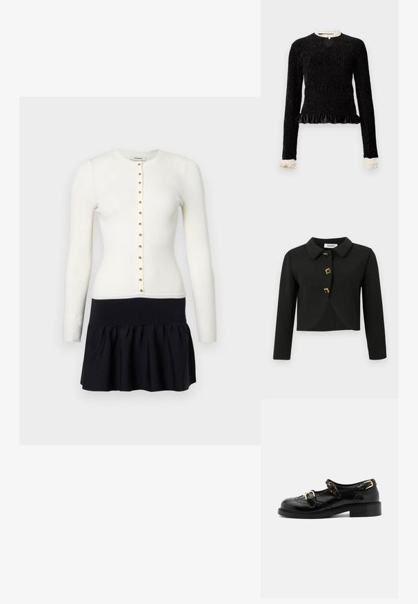 Crna skraćena jakna s okruglim ovratnikom, četiri kvadratna dugmeta s zlatnim akcentima i dugim rukavima, napravljena od glatkog materijala.; Crna majica dugih rukava od teksturiranog materijala, s volanima na rubu i bijelim volanima na ovratniku i manžetama. Ima središnje zatvaranje s petljom.; Rebrasti bijeli kardigan s dugim rukavima i zlatnim gumbima, u kombinaciji s crnom suknjom s flared krojem koja ima uski struk.; Crne kožne cipele s brogue detaljima, koje imaju dva remena sa kopčama, okrugli vrh i niski potplat. Glatka tekstura s sjajnim završetkom.