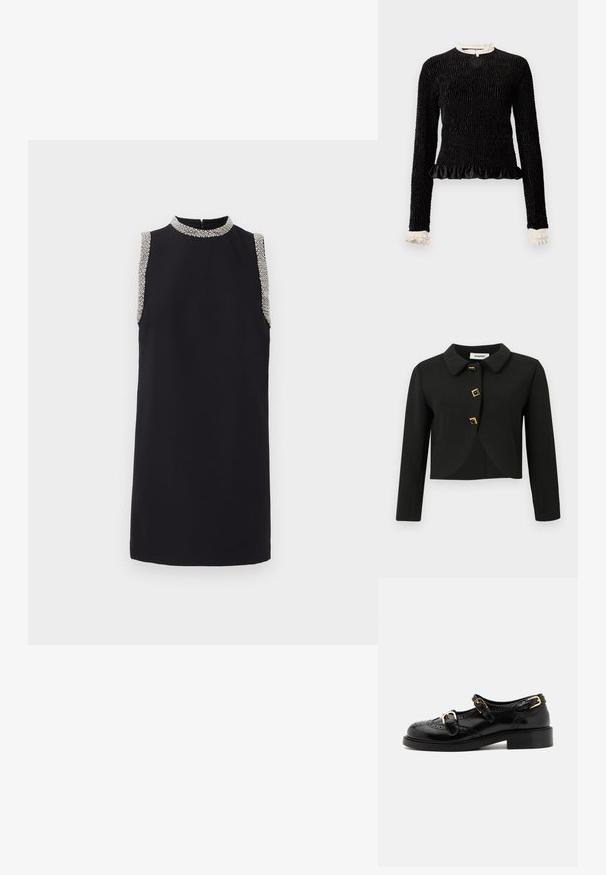 Schwarze, cropped Jacke mit rundem Kragen, vier quadratischen Knöpfen mit goldenen Akzenten und langen Ärmeln, aus einem glatten Stoff gefertigt.; Schwarzes Langarmoberteil aus strukturiertem Stoff mit gerafftem Saum und weißen Rüschendetails am Kragen und an den Ärmeln. Verfügt über einen zentralen Schlaufenverschluss.; Ärmelloses schwarzes Kleid mit hohem Ausschnitt, verziert mit beaded Akzenten an den Schultern. Glattes Material mit gerader Silhouette.; Schwarze Lederschuhe mit Broguedetails, ausgestattet mit zwei Schnallenriemen, einer abgerundeten Zehenpartie und einem flachen Absatz. Glatte Textur mit glänzendem Finish.