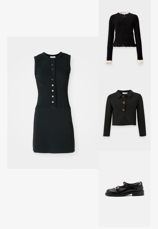 Fekete, cropped dzseki lekerekített gallérral, négy négyzet alakú arany kiegészítőkkel ellátott gombbal és hosszú ujjal, sima anyagból készült.; Fekete, hosszú ujjú blúz struktúrált anyagból, fodros aljjal és fehér fodros díszítéssel a galléron és a mandzsettákon. Középen hurokkal záródik.; Fekete bordás kötött ujjatlan ruha kerek nyakkal, elöl hat fekete gombból álló gombolással és testhezálló sziluettel.; Fekete bőrcipők brogue díszítéssel, két csattal, lekerekített orral és alacsony sarokkal. Simább felület fényes kivitelben.