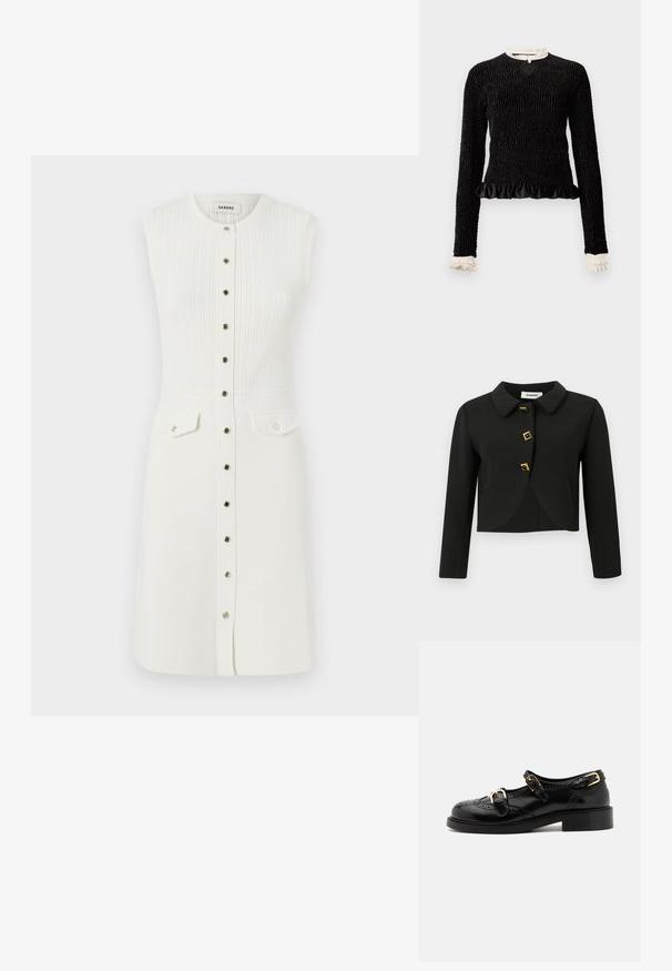 Zwarte cropped jack met een ronde kraag, vier vierkante knopen met goudaccenten en lange mouwen, gemaakt van een gladde stof.; Zwarte lange mouwen top van textuurstof, met een gerimpelde zoom en witte rimpelaccenten bij de kraag en mouwen. Bevat een centrale lus sluiting.; Mouwloze witte jurk met een geribbelde textuur, een ronde halslijn, knopen aan de voorkant en twee borstzakken met knoopsluitingen.; Zwarte leren schoenen met brogue-details, voorzien van twee gespsluitingen, een ronde neus en een lage hak. Glad oppervlak met een glanzende afwerking.