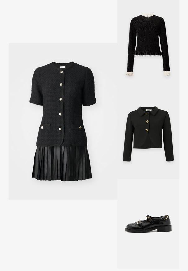Čierna skrátená bunda s okrúhlym golierom, štyrmi štvorcovými gombíkmi so zlatými akcentmi a dlhými rukávmi, vyrobená z hladkej tkaniny.; Čierny dlhý rukáv top s textúrovanou tkaninou, riaseným lemom a bielymi riasenými akcentmi na golieri a manžetách. Obsahuje centrálny uzáver na slučku.; sandro ISABEL - Denné šaty - black; Čierne kožené topánky s brogue detailami, vybavené dvoma prackami, zaoblenou špičkou a nízkym podpätkom. Hladká textúra s lesklým povrchom.