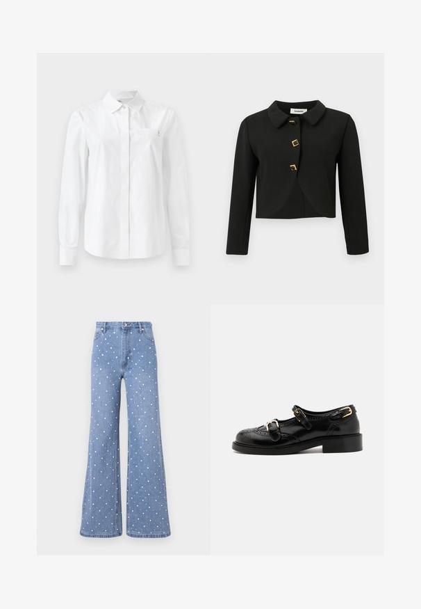 Black cropped jacket with a rounded collar, four square buttons with gold accents, and long sleeves, made from a smooth fabric.; Black long-sleeve top with textured fabric, ruffled hem, and white ruffle accents at the collar and cuffs. Features a central looped closure.; White long-sleeve shirt made from smooth cotton, featuring a classic collar, front button closure, and a chest pocket with a logo detail.; Light blue flared jeans featuring a dotted pattern of white and silver studs, with standard waistband and front button closure.; Black leather shoes with brogue detailing, featuring two buckle straps, a rounded toe, and a low heel. Smooth texture with shiny finish.