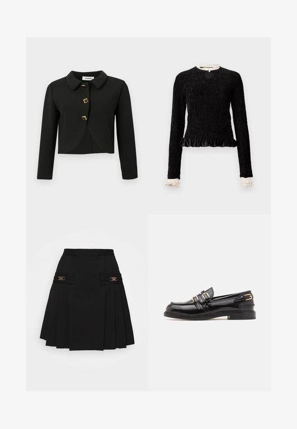Melnā lietotā jakas ar noapaļotu apkakli, četriem kvadrātveida pogām ar zeltītām akcentiem un gariem piedurknēm, izgatavota no gludas auduma.; Melnas garām piedurknēm blūze ar teksturētu audumu, viļņotu apakšmalu un baltajiem viļņotajiem akcentiem apkaklē un piedurkņu galos. Iekļauj centrālo aplokšņu aizdari.; Melna plisuota svārki ar zelta apdari. Funkcijas sānu kabatas ar logotipa detaļām, izgatavoti no gludas materiāla. A-līnijas siluets.; sandro Čības - noir