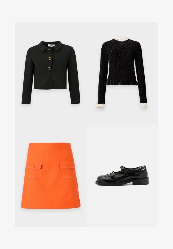 Čierna skrátená bunda s okrúhlym golierom, štyrmi štvorcovými gombíkmi so zlatými akcentmi a dlhými rukávmi, vyrobená z hladkej tkaniny.; Čierny dlhý rukáv top s textúrovanou tkaninou, riaseným lemom a bielymi riasenými akcentmi na golieri a manžetách. Obsahuje centrálny uzáver na slučku.; Oranžová bavlnená sukňa s dvoma prednými vreckami, zapínaním na gombíky a kontrastným bielym prešívaním. Sukňa v Á-čkovom strihu s definovaným pásom.; Čierne kožené topánky s brogue detailami, vybavené dvoma prackami, zaoblenou špičkou a nízkym podpätkom. Hladká textúra s lesklým povrchom.