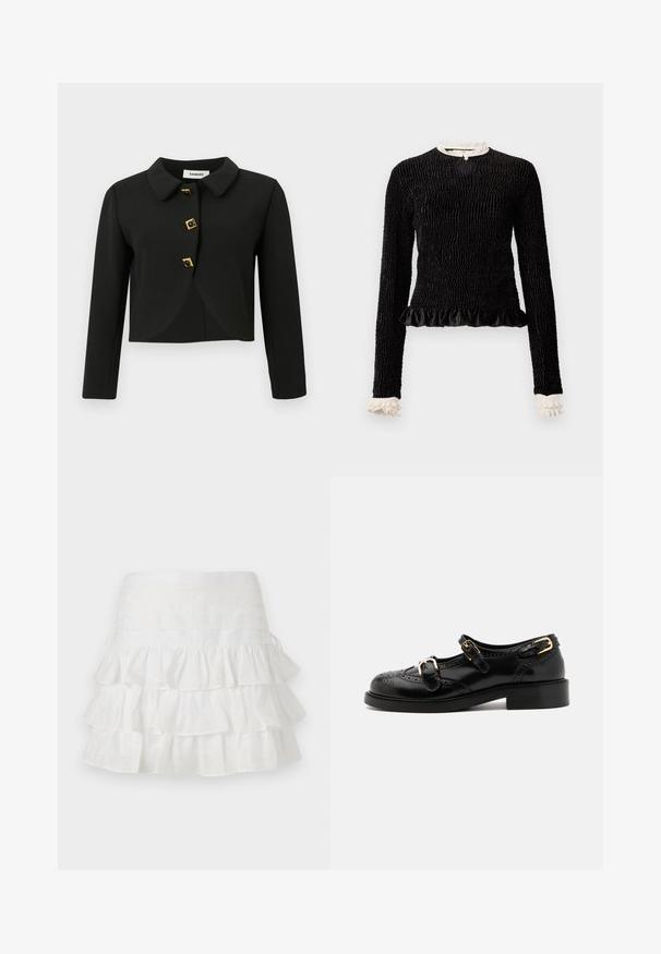Black cropped jacket with a rounded collar, four square buttons with gold accents, and long sleeves, made from a smooth fabric.; Black long-sleeve top with textured fabric, ruffled hem, and white ruffle accents at the collar and cuffs. Features a central looped closure.; sandro JUPE - Mini skirt - blanc; Black leather shoes with brogue detailing, featuring two buckle straps, a rounded toe, and a low heel. Smooth texture with shiny finish.