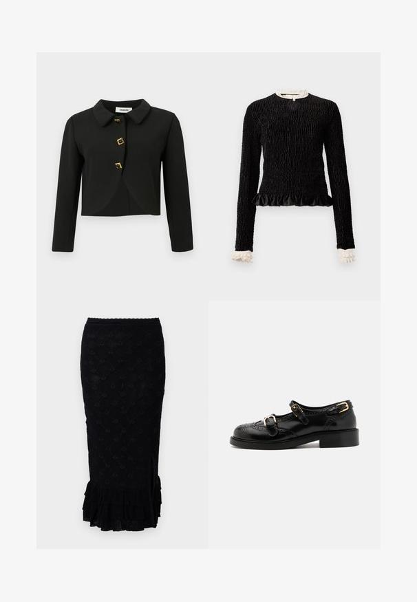 Jachetă croppată neagră cu guler rotund, patru nasturi pătrați cu accente aurii și mâneci lungi, realizată dintr-un material neted.; Top negru cu mâneci lungi, dintr-un material texturat, cu un tiv ondulat și accente din volan alb la guler și manșete. Prezintă o închidere centrală cu bucle.; Fustă tricotată neagră, cu un model texturat în formă de diamant, tiv franjurat și o deschidere laterală. Materialul pare moale și ușor transparent.; Pantofi din piele neagră cu detalii brogue, având două curele cu cataramă, vârf rotund și toc jos. Textură netedă cu finisaj lucios.