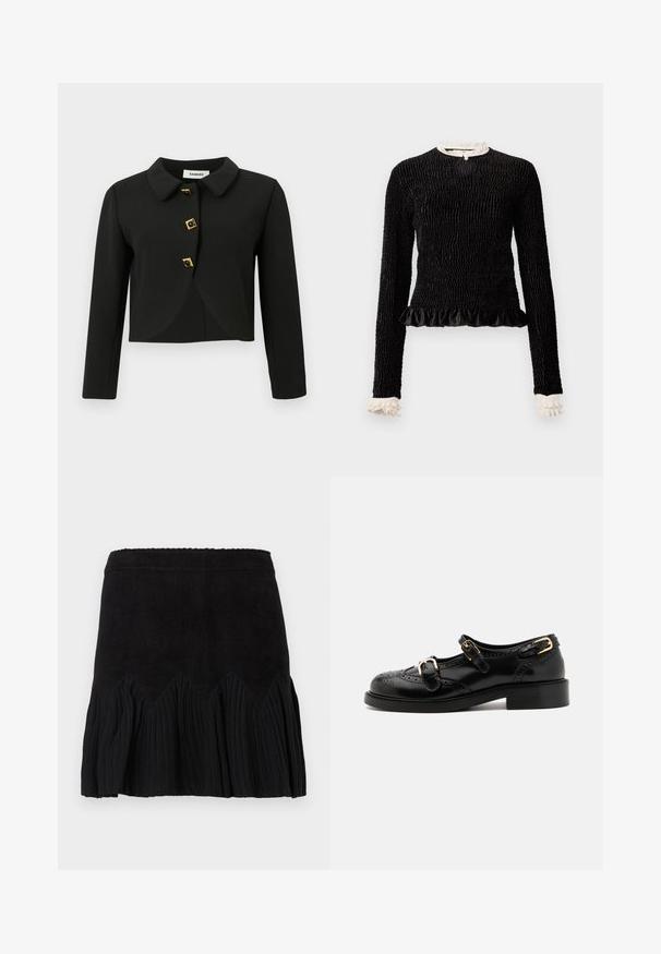 Čierna skrátená bunda s okrúhlym golierom, štyrmi štvorcovými gombíkmi so zlatými akcentmi a dlhými rukávmi, vyrobená z hladkej tkaniny.; Čierny dlhý rukáv top s textúrovanou tkaninou, riaseným lemom a bielymi riasenými akcentmi na golieri a manžetách. Obsahuje centrálny uzáver na slučku.; Čierna sukňa s textúrovaným, rebrovaným dizajnom a vlnitým lemom. Tkanina má mäkký povrch a pás je hladký pre pohodlie.; Čierne kožené topánky s brogue detailami, vybavené dvoma prackami, zaoblenou špičkou a nízkym podpätkom. Hladká textúra s lesklým povrchom.