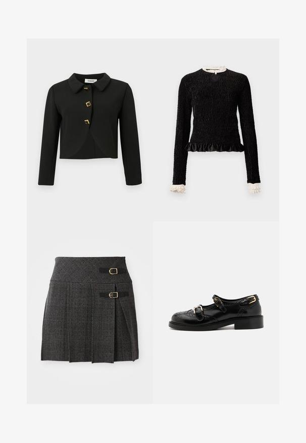 Čierna skrátená bunda s okrúhlym golierom, štyrmi štvorcovými gombíkmi so zlatými akcentmi a dlhými rukávmi, vyrobená z hladkej tkaniny.; Čierny dlhý rukáv top s textúrovanou tkaninou, riaseným lemom a bielymi riasenými akcentmi na golieri a manžetách. Obsahuje centrálny uzáver na slučku.; Sivá károvaná sukňa s priliehajúcim pásom, so zvýraznením dvoch sponiek a záhybmi. Vyrobená z textúrovanej látky s tkaným vzorom.; Čierne kožené topánky s brogue detailami, vybavené dvoma prackami, zaoblenou špičkou a nízkym podpätkom. Hladká textúra s lesklým povrchom.