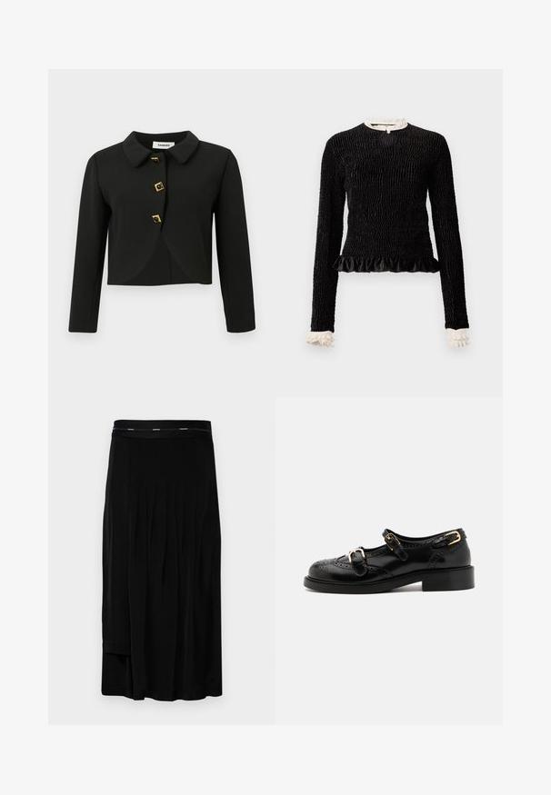 Sort cropped jakke med en rund krave, fire firkantede knapper med guld detaljer og lange ærmer, lavet af et glat stof.; Sort langærmet top med struktureret stof, flæset kant og hvide flæsede detaljer ved kraven og manchetterne. Har en centralt loopet lukning.; Sort midi nederdel med plisseringer, en glat tekstur og en bred talje med et diskret brandlogo. Enkel design og længde til gulvet.; Sorte lædersko med brogue-detaljer, der har to spænder, rund tå og lav hæl. Glat tekstur med blank finish.