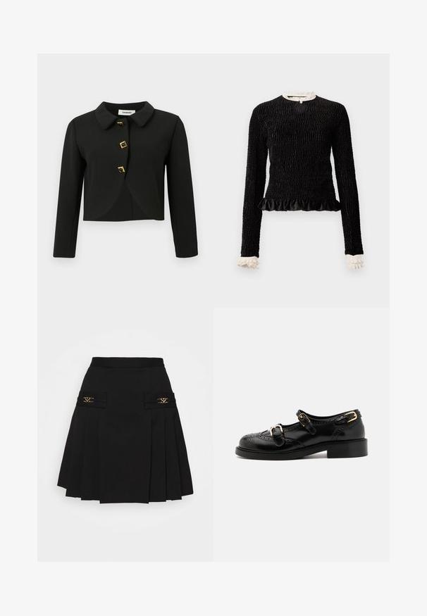 Fekete, cropped dzseki lekerekített gallérral, négy négyzet alakú arany kiegészítőkkel ellátott gombbal és hosszú ujjal, sima anyagból készült.; Fekete, hosszú ujjú blúz struktúrált anyagból, fodros aljjal és fehér fodros díszítéssel a galléron és a mandzsettákon. Középen hurokkal záródik.; Fekete, pliszézett szoknya arany színű fémrészekkel. Oldalsó zsebekkel rendelkezik logós részletekkel, sima anyagból készült. A-vonalú siluett.; Fekete bőrcipők brogue díszítéssel, két csattal, lekerekített orral és alacsony sarokkal. Simább felület fényes kivitelben.