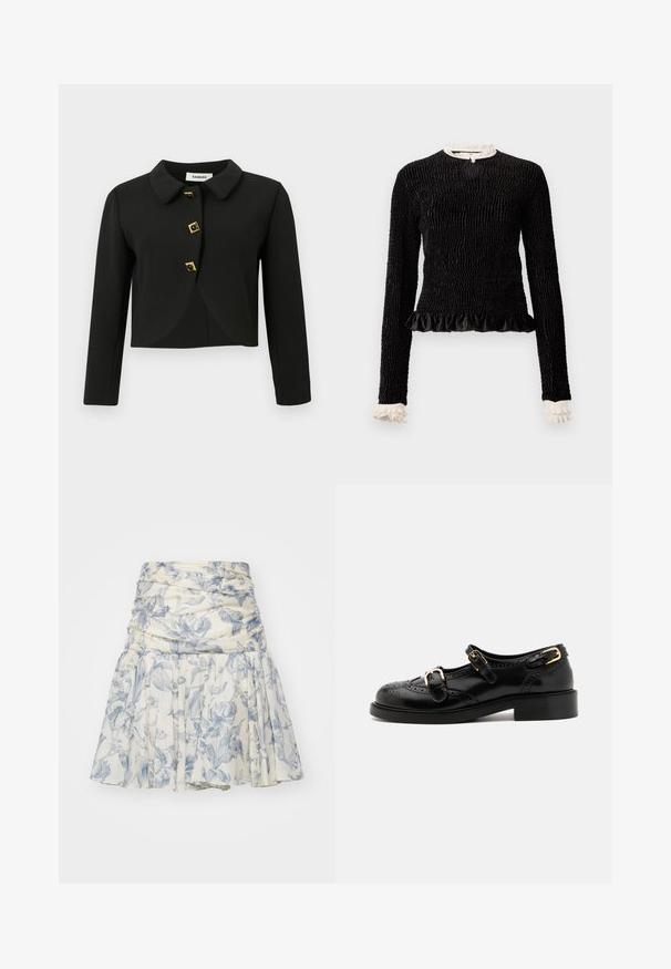 Schwarze, cropped Jacke mit rundem Kragen, vier quadratischen Knöpfen mit goldenen Akzenten und langen Ärmeln, aus einem glatten Stoff gefertigt.; Schwarzes Langarmoberteil aus strukturiertem Stoff mit gerafftem Saum und weißen Rüschendetails am Kragen und an den Ärmeln. Verfügt über einen zentralen Schlaufenverschluss.; Leichte Blumenrock in Creme und Blau, mit gerafftem Bund und gefaltetem Design, aus einem weichen Stoff mit dezentem Textur.; Schwarze Lederschuhe mit Broguedetails, ausgestattet mit zwei Schnallenriemen, einer abgerundeten Zehenpartie und einem flachen Absatz. Glatte Textur mit glänzendem Finish.