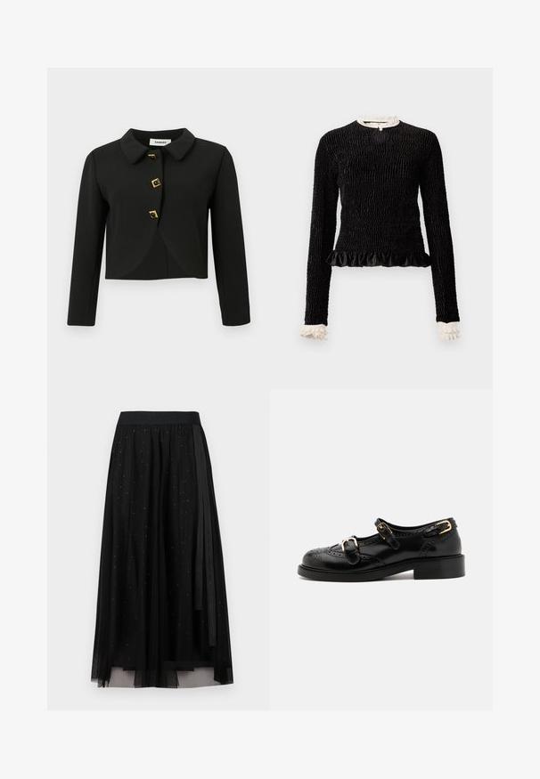 Schwarze, cropped Jacke mit rundem Kragen, vier quadratischen Knöpfen mit goldenen Akzenten und langen Ärmeln, aus einem glatten Stoff gefertigt.; Schwarzes Langarmoberteil aus strukturiertem Stoff mit gerafftem Saum und weißen Rüschendetails am Kragen und an den Ärmeln. Verfügt über einen zentralen Schlaufenverschluss.; Maxirock aus schwarzem Tüll mit engem Bund, verziert mit kleinen silbernen Pailletten und einer durchsichtigen Überlagerung sowie einer seidigen Schleife.; Schwarze Lederschuhe mit Broguedetails, ausgestattet mit zwei Schnallenriemen, einer abgerundeten Zehenpartie und einem flachen Absatz. Glatte Textur mit glänzendem Finish.