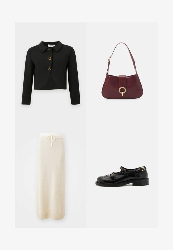 Juodas trumpas švarkas su apvaliu apykakle, keturiais kvadratiniais mygtukais su auksiniais akcentais ir ilgomis rankovėmis, pagamintas iš lygaus audinio.; Juodas ilgomis rankovėmis viršus su tekstūruotu audiniu, raukiniais apatinėje dalyje ir baltais raukiniais prie apykaklės ir rankogalių. Yra centrinis užsegimas su kilpele.; Pinti vidutinio ilgio skirta kreminės spalvos su raišteliu liemeniui ir banguotu apvadu. Lygus audinys su tiesia siluetu, tinkanti kasdieniam dėvėjimui.; Juodi odiniai batai su brogučių detalėmis, turintys dvi sagtis, apvalų nosį ir žemą kulną. Lygus paviršius su blizgiu finišu.; Burgundi odos rankinė su kreiva forma, auksiniu apvaliu detaliu ir vienu peties dirželiu. Lygus paviršius, minimalistinis dizainas.