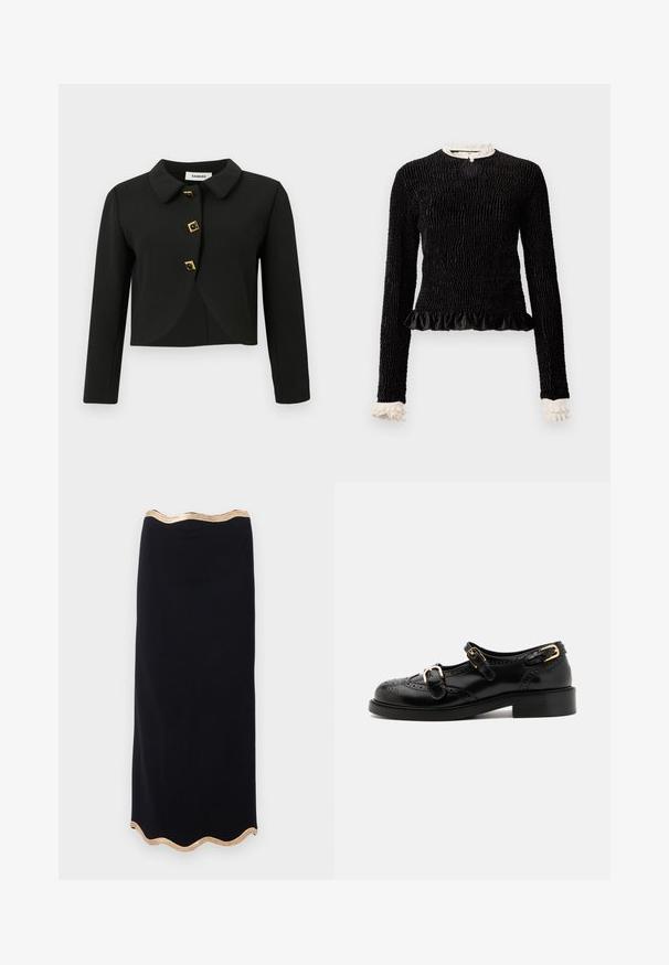 Čierna skrátená bunda s okrúhlym golierom, štyrmi štvorcovými gombíkmi so zlatými akcentmi a dlhými rukávmi, vyrobená z hladkej tkaniny.; Čierny dlhý rukáv top s textúrovanou tkaninou, riaseným lemom a bielymi riasenými akcentmi na golieri a manžetách. Obsahuje centrálny uzáver na slučku.; Čierna ceruzková sukňa so zaobleným lemom a zlatým metalickým lemovaním. Hladká textura, priliehavý strih, dĺžka po kolená.; Čierne kožené topánky s brogue detailami, vybavené dvoma prackami, zaoblenou špičkou a nízkym podpätkom. Hladká textúra s lesklým povrchom.
