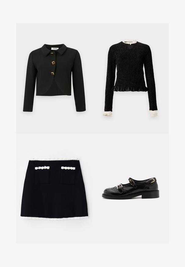 Chaqueta corta negra con un collar redondeado, cuatro botones cuadrados con acentos dorados y mangas largas, confeccionada en una tela suave.; Top negro de manga larga con tejido texturizado, dobladillo con volantes y acentos de volantes blancos en el cuello y los puños. Presenta un cierre central en forma de lazo.; Falda negra con un borde de encaje blanco en el dobladillo, con dos bolsillos frontales adornados con detalles de encaje. Textura suave, forma de A.; Zapatos de cuero negro con detalles de brogue, que presentan dos correas con hebillas, una puntera redondeada y un tacón bajo. Textura suave con un acabado brillante.